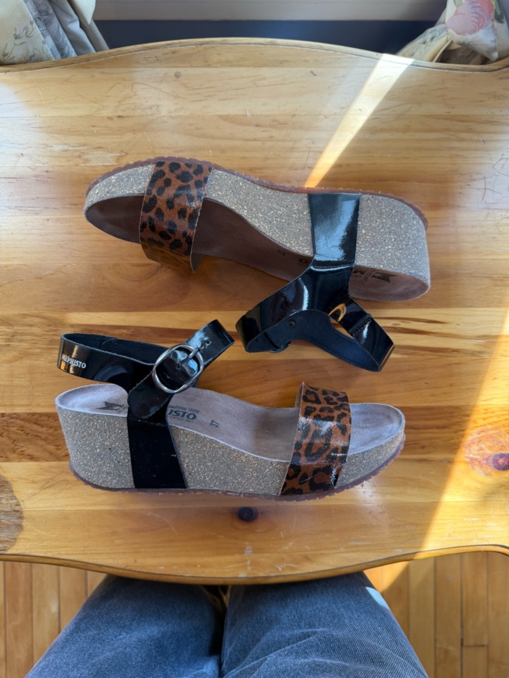 Mephisto Black Patent & Leopard Print Cork Wedge Sandals
